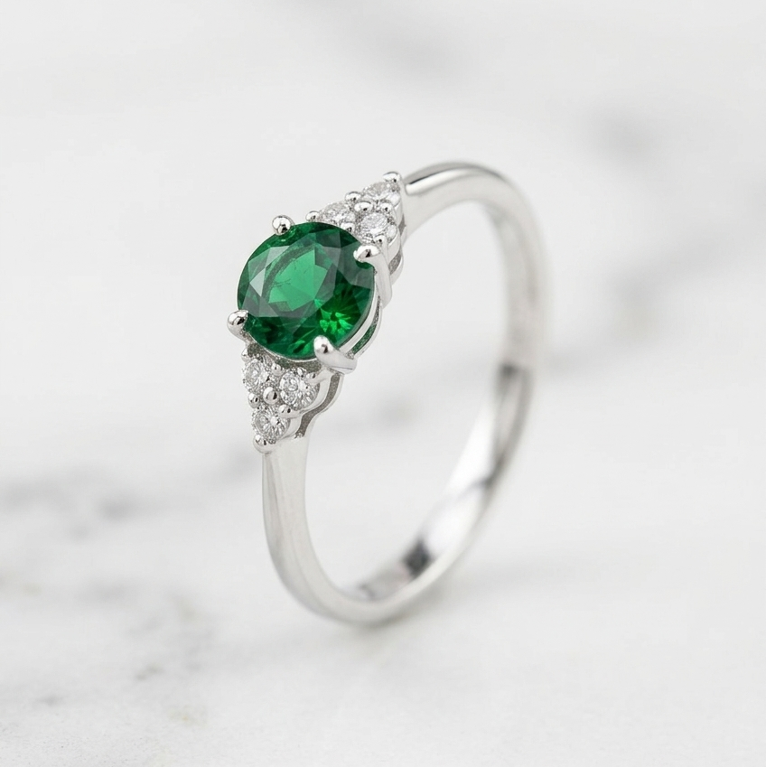 925 Silver Green Halo Round Ring