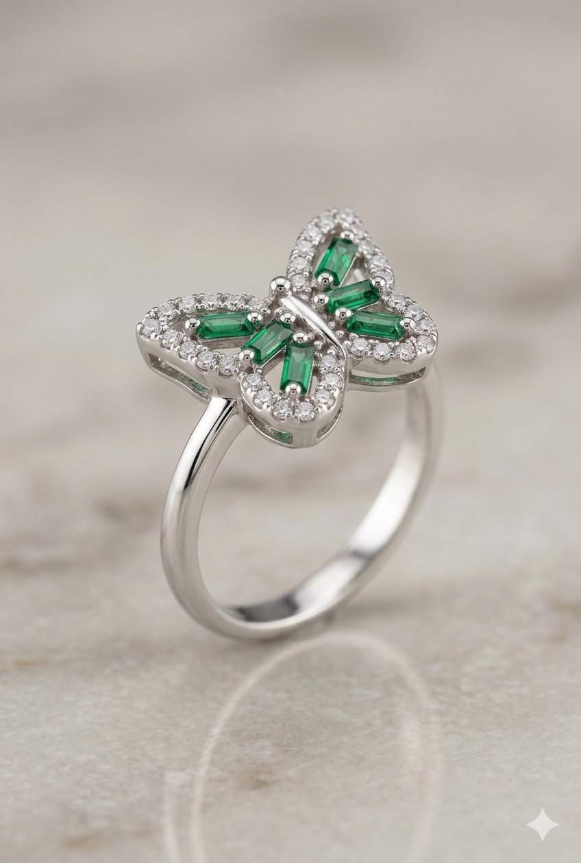 925 Silver Green Butterfly Ring
