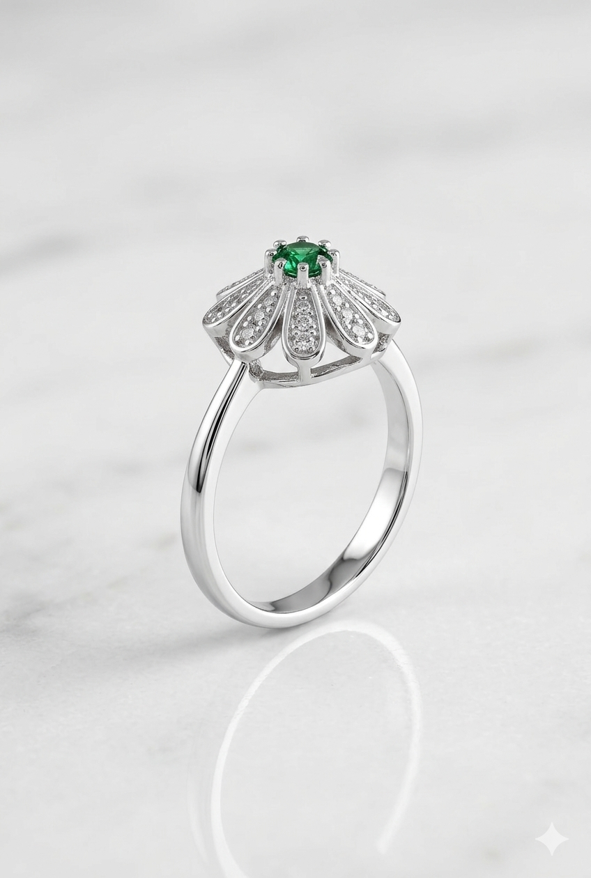 925 Silver Green Fan Petal Ring