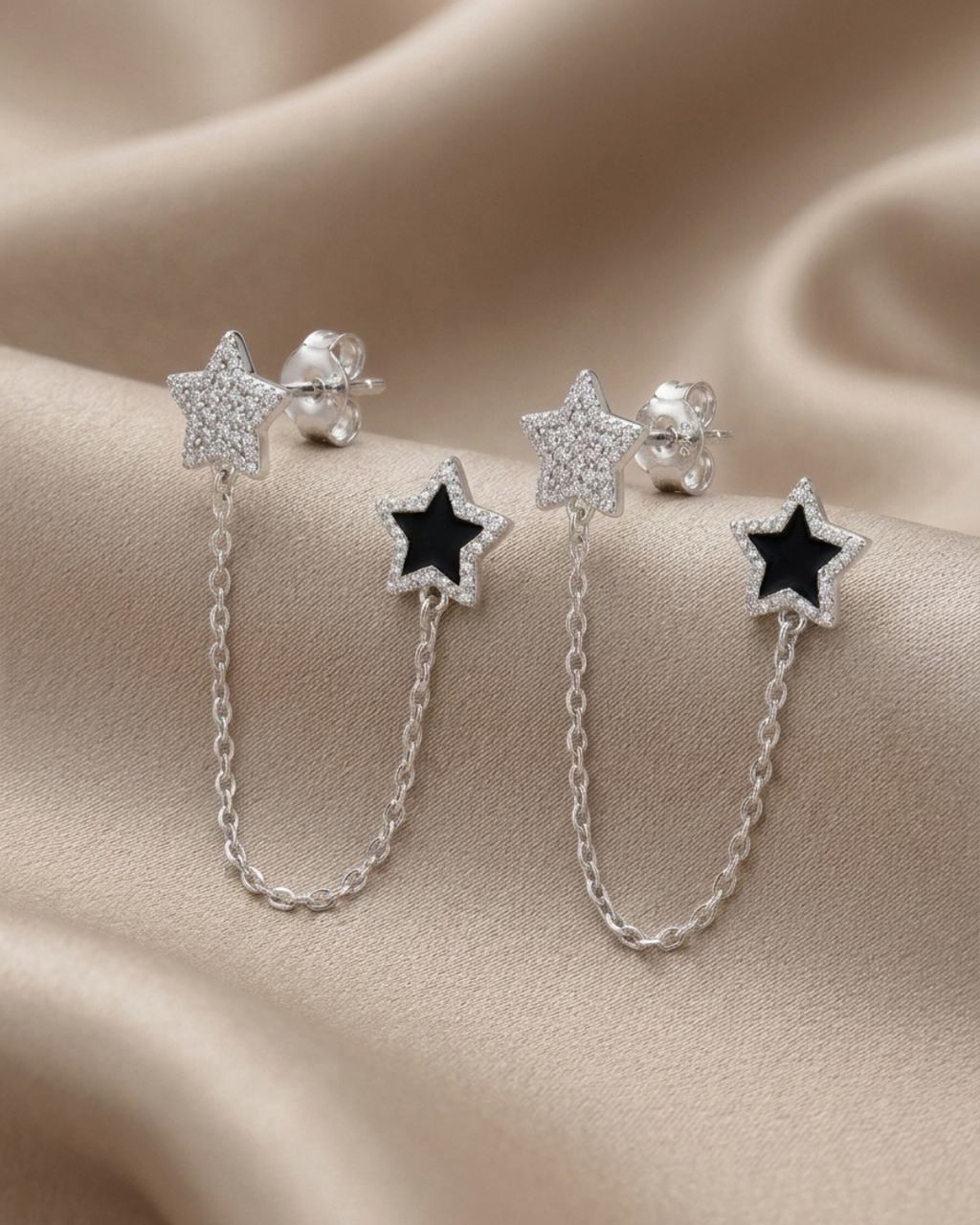 Star Chain Push & Pull Lock Earrings Sterling Silver