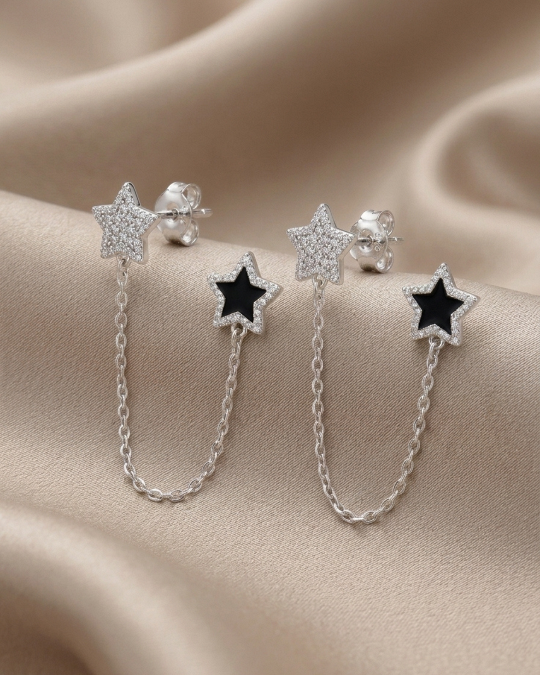 Star Chain Push & Pull Lock Earrings Sterling Silver