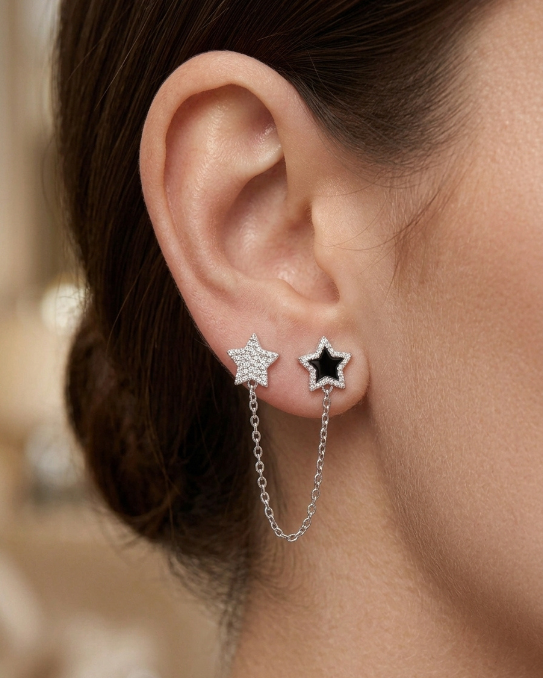 Star Chain Push & Pull Lock Earrings Sterling Silver
