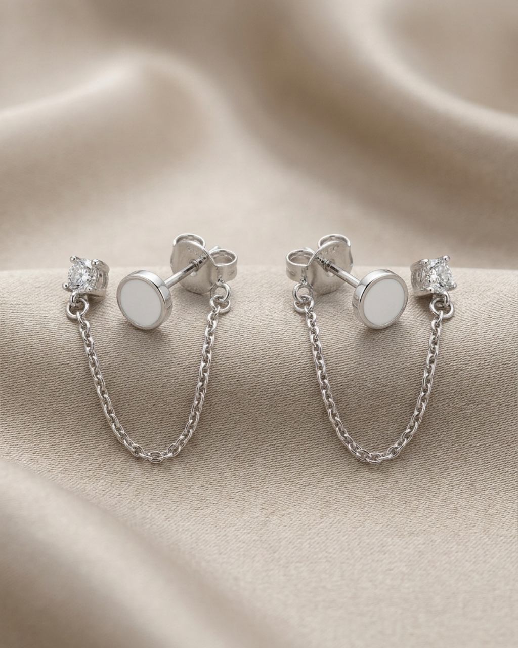 Double Piercing Chain Push & Pull Lock Earrings Sterling Silver