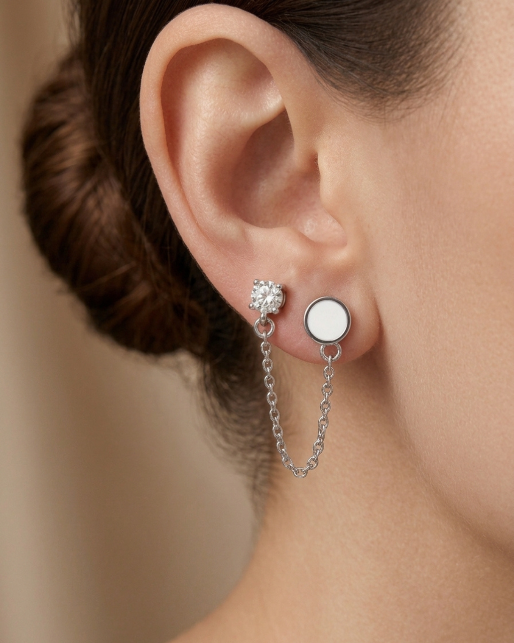 Double Piercing Chain Push & Pull Lock Earrings Sterling Silver
