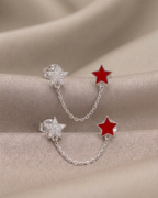 Double Star Chain Push & Pull Lock Earrings Sterling Silver