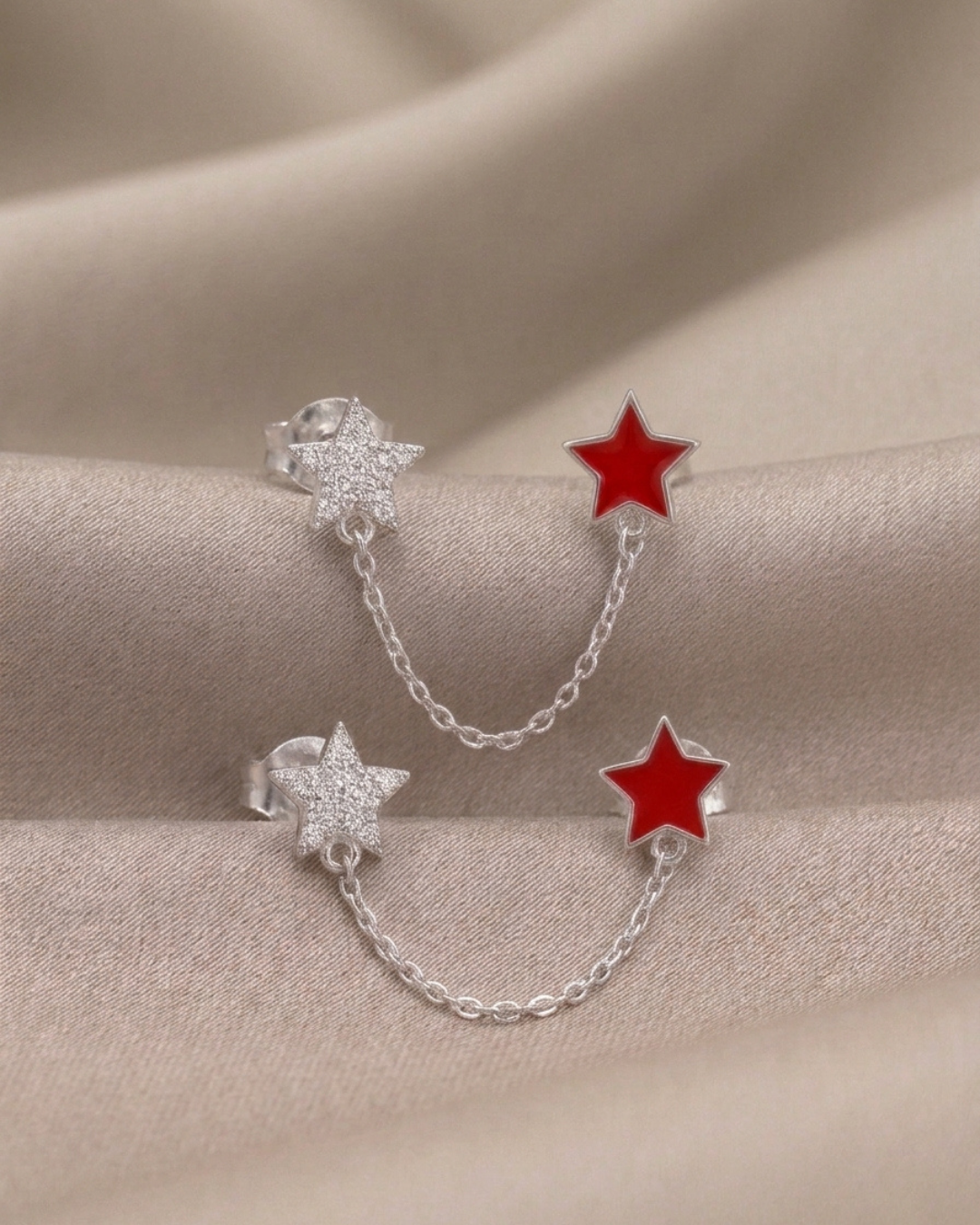 Double Star Chain Push & Pull Lock Earrings Sterling Silver