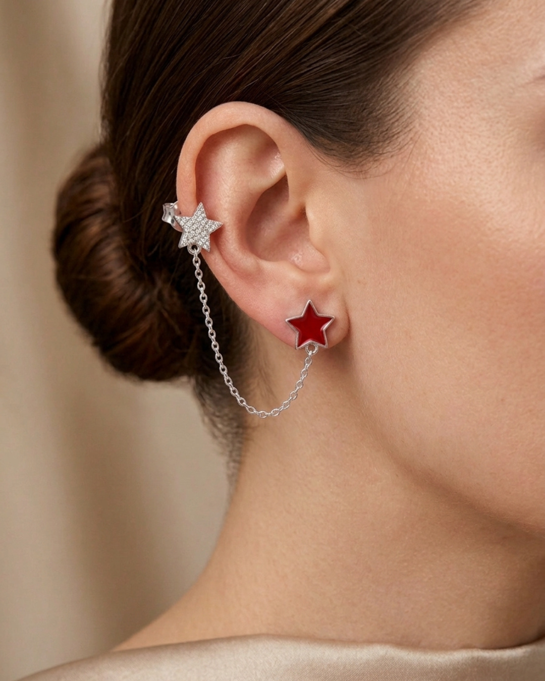 Double Star Chain Push & Pull Lock Earrings Sterling Silver