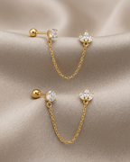 Dual Piercing Chain Push and Pull Lock Earring Sterling Silver