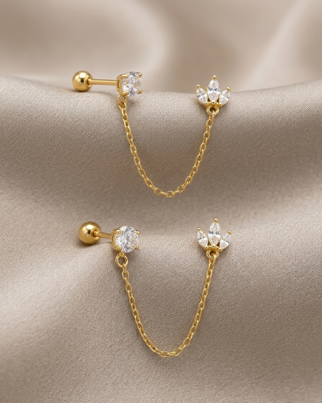 Dual Piercing Chain Push and Pull Lock Earring Sterling Silver