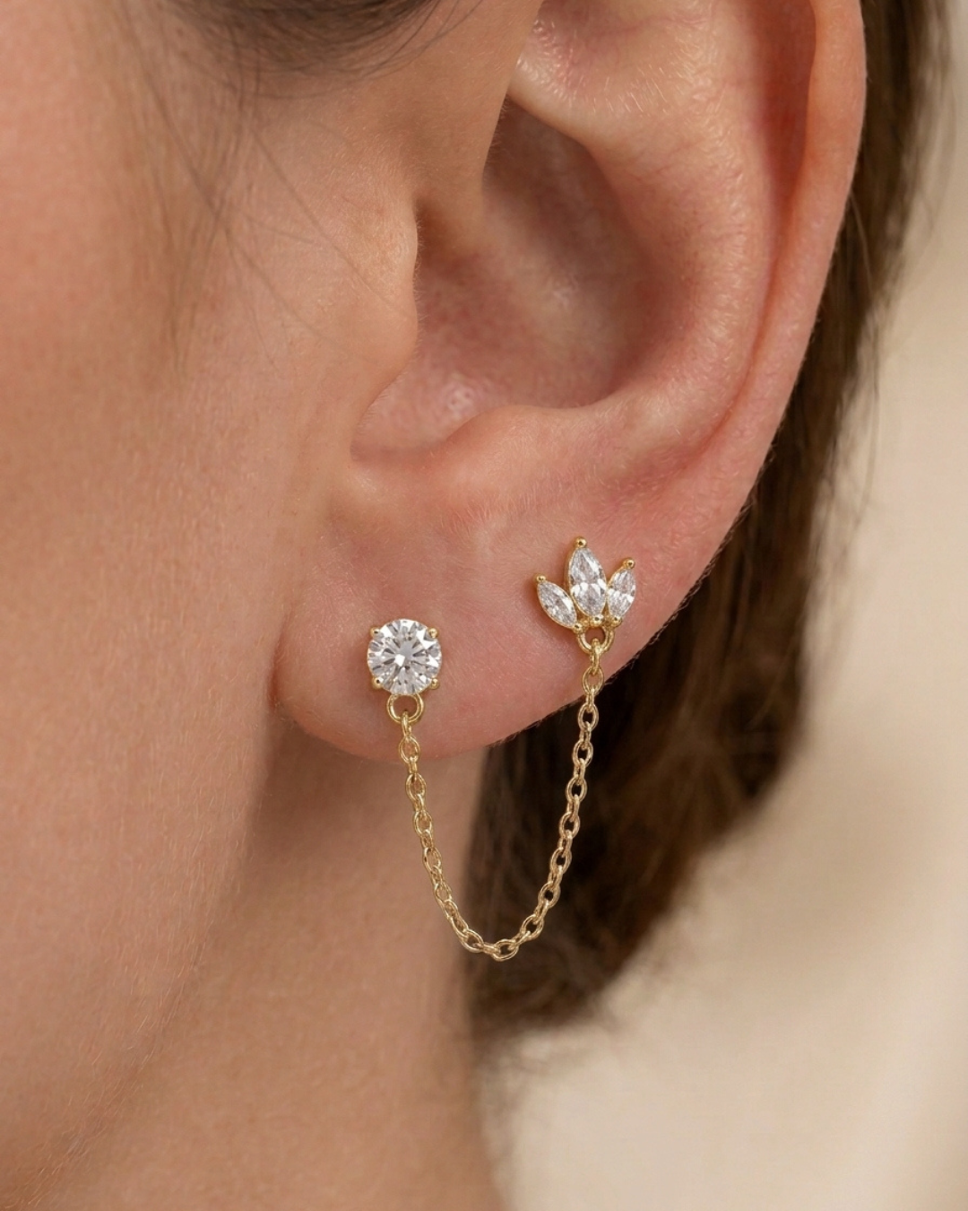 Dual Piercing Chain Push and Pull Lock Earring Sterling Silver