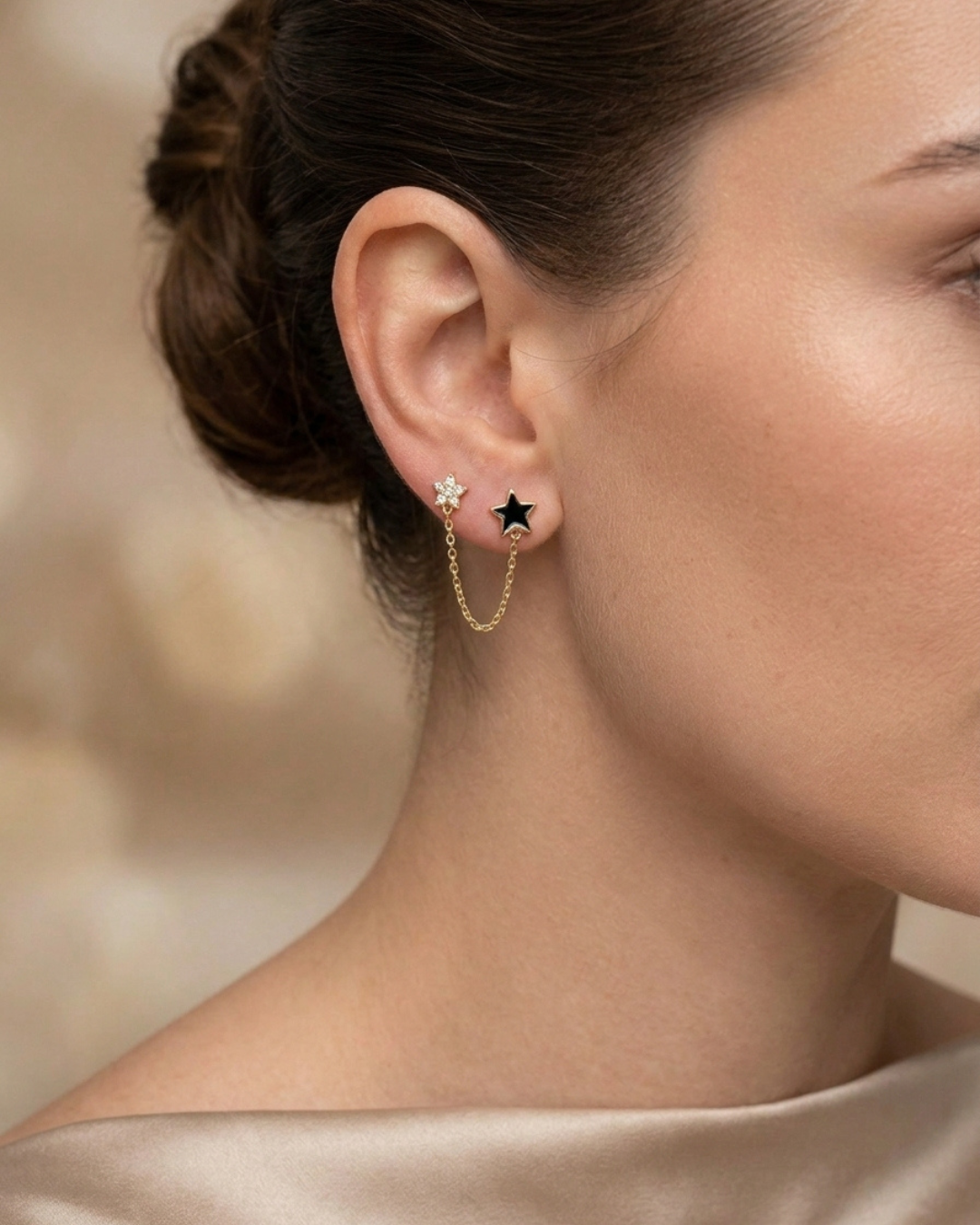 Stars Push and Pull Lock Gold Plated Earrings Silver