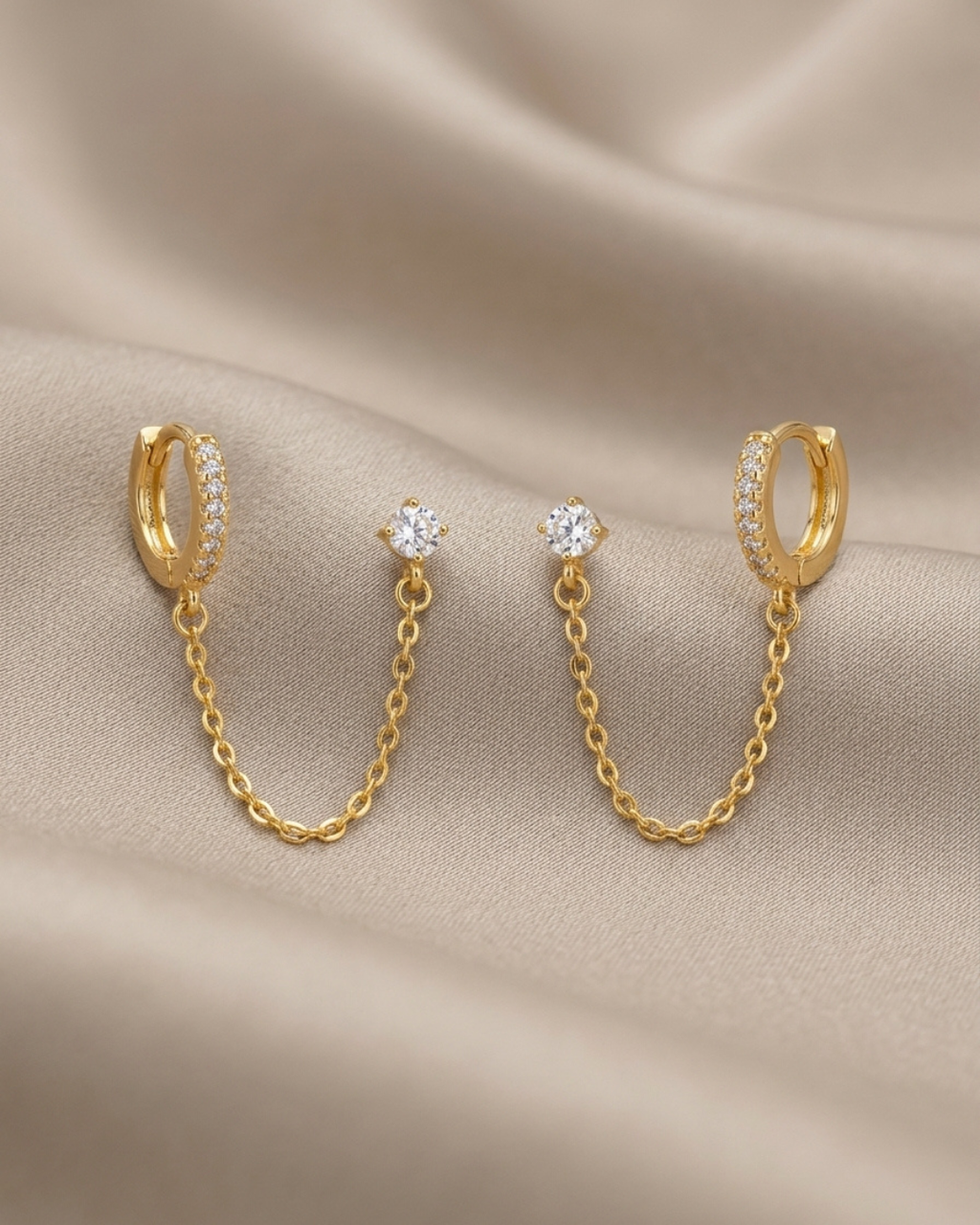 Solitaire Stud Linked Earrings Gold Plated