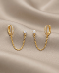 Solitaire Stud Linked Earrings Gold Plated