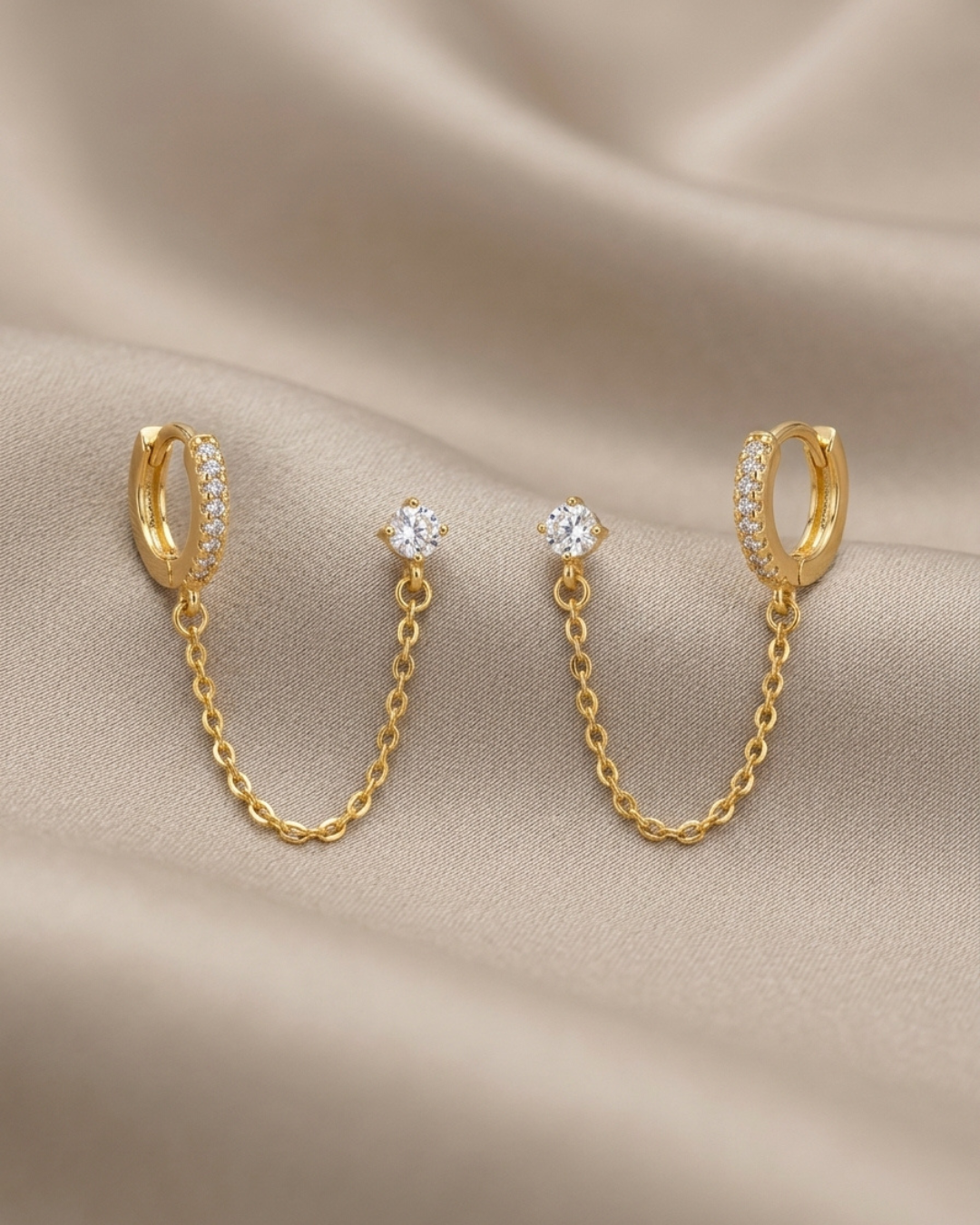 Solitaire Stud Linked Earrings Gold Plated