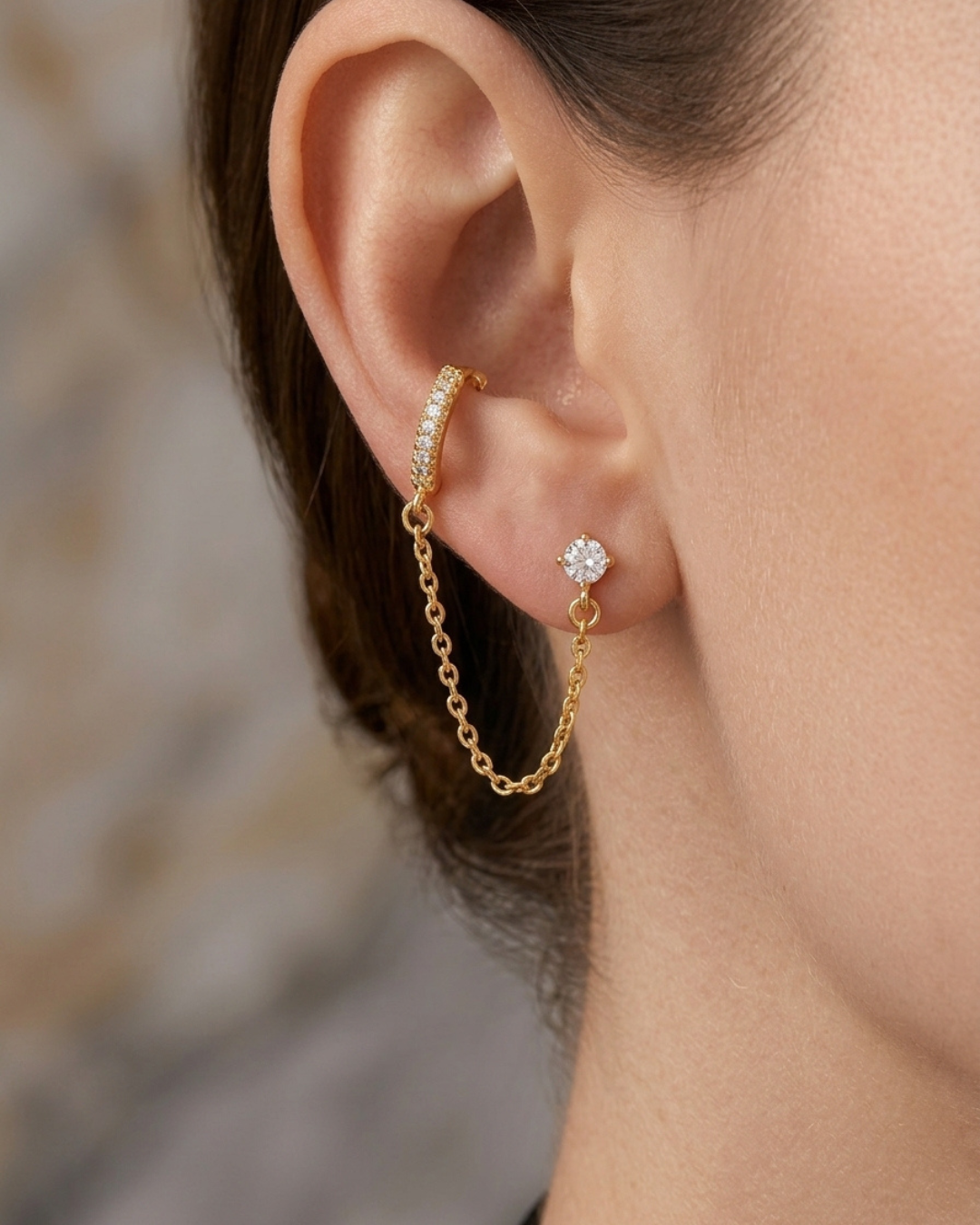Solitaire Stud Linked Earrings Gold Plated