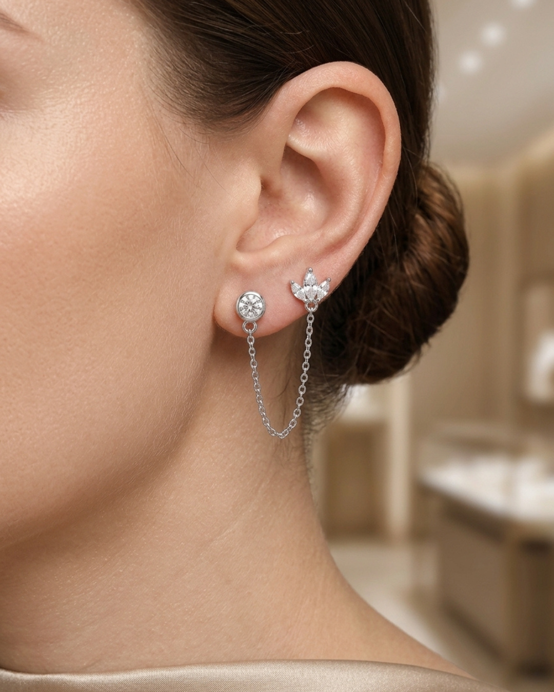 Double Piercing Lotus Push and Pull Lock Earrings Sterling Silver