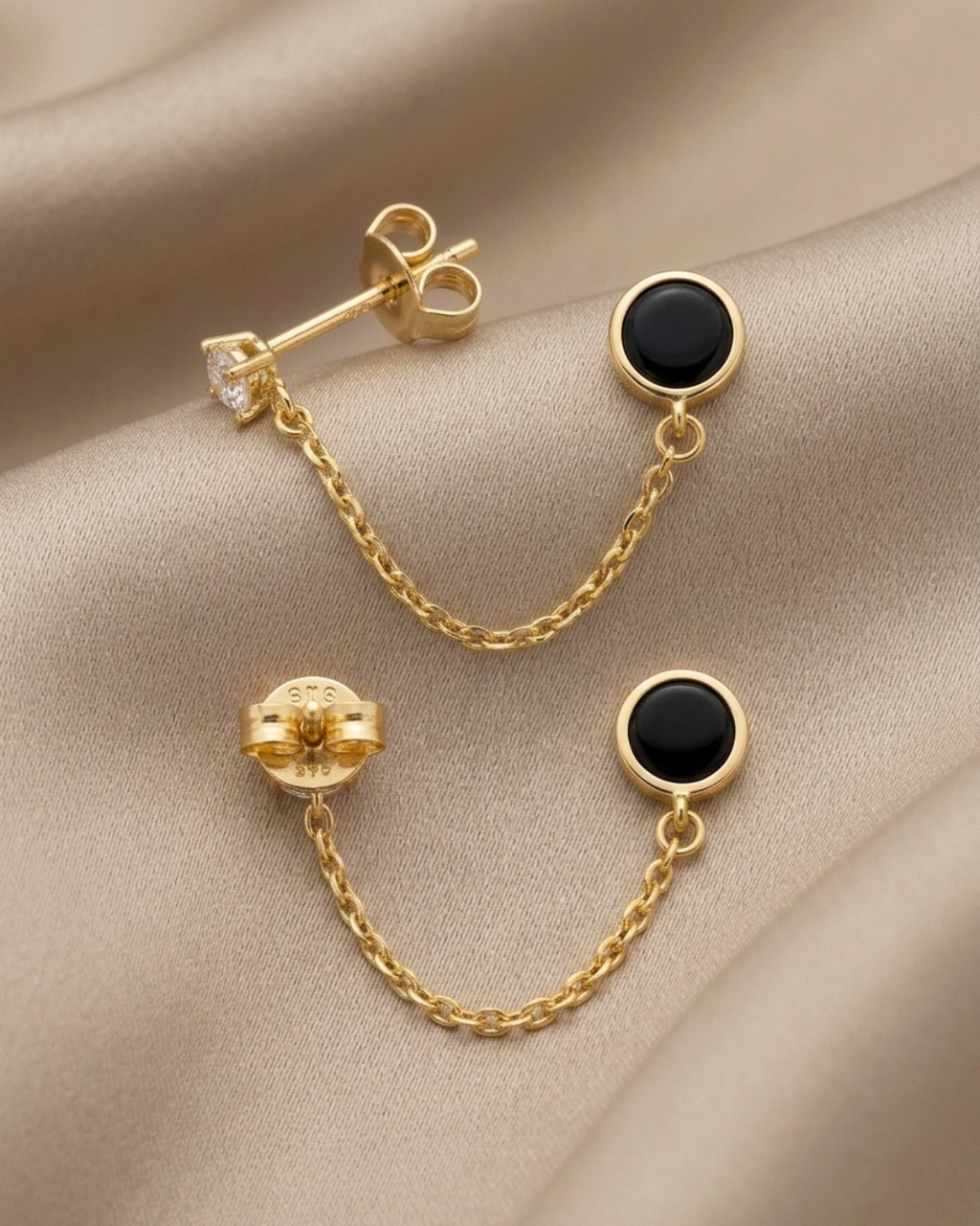 Black Onyx Chain Push and Pull Lock Earrings Gold Plated