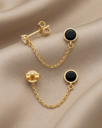Black Onyx Chain Push and Pull Lock Earrings Gold Plated
