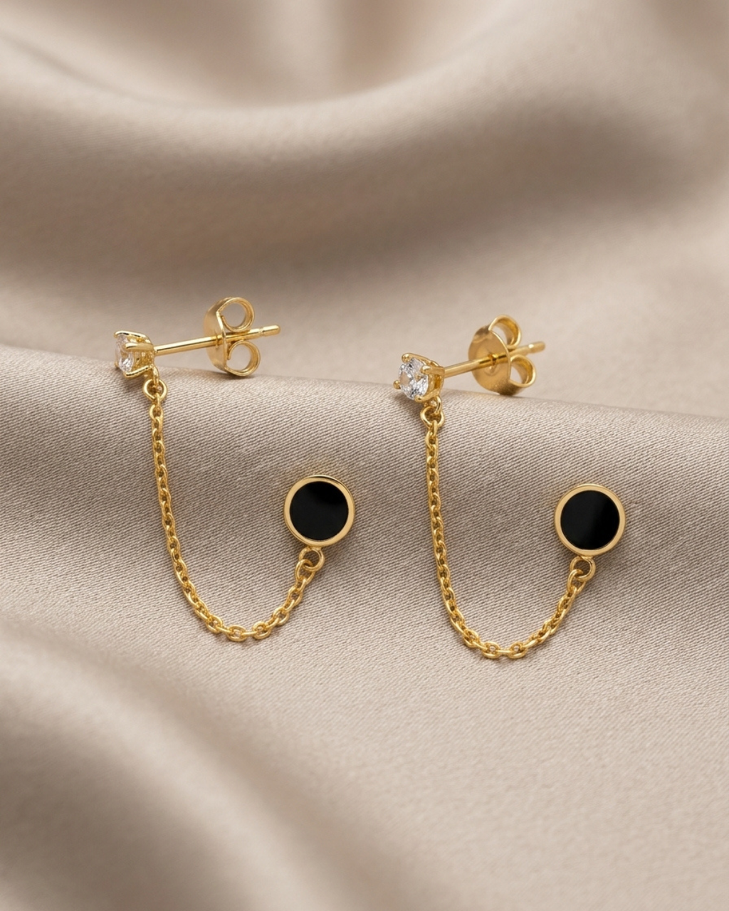 Black Enamel Chain Earrings Gold Plated