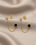 Black Enamel Chain Earrings Gold Plated