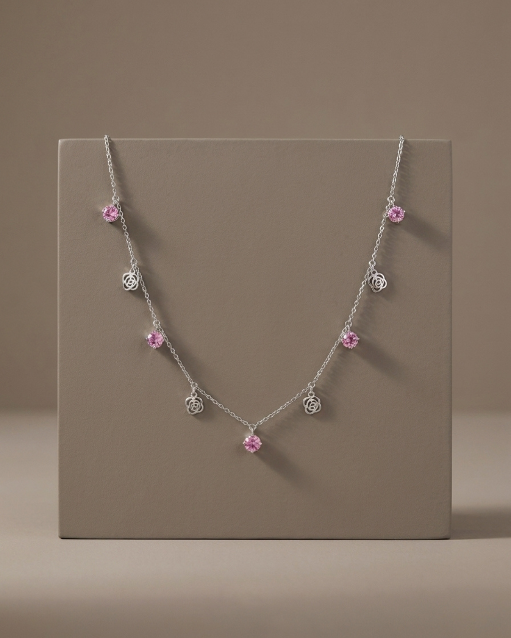 Floral Crystal Dangle Necklace Sterling Silver