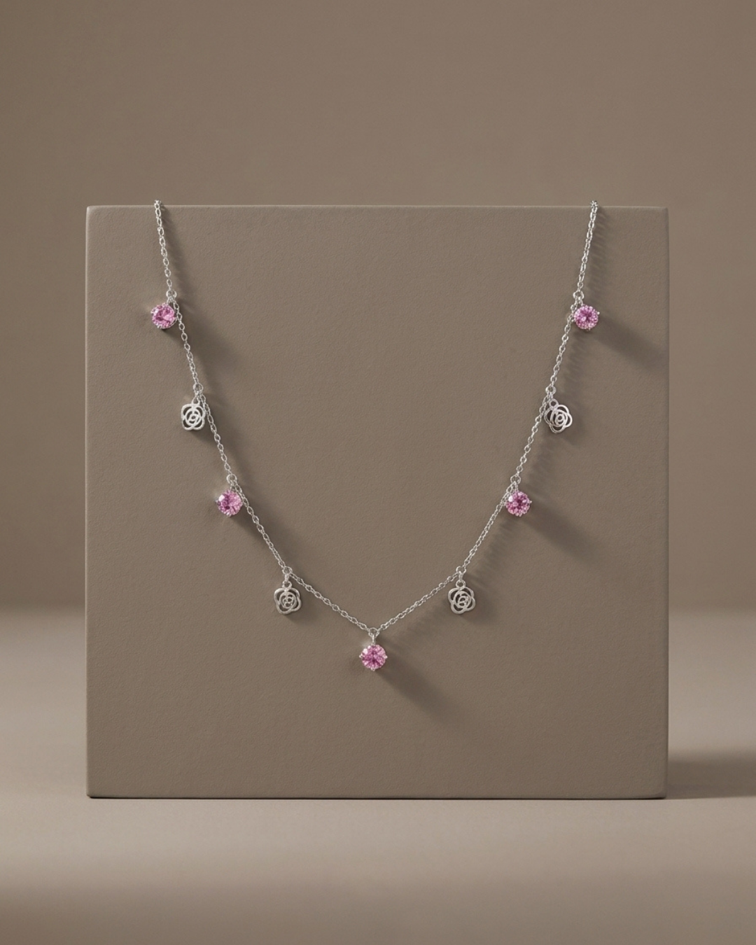Floral Crystal Dangle Necklace Sterling Silver