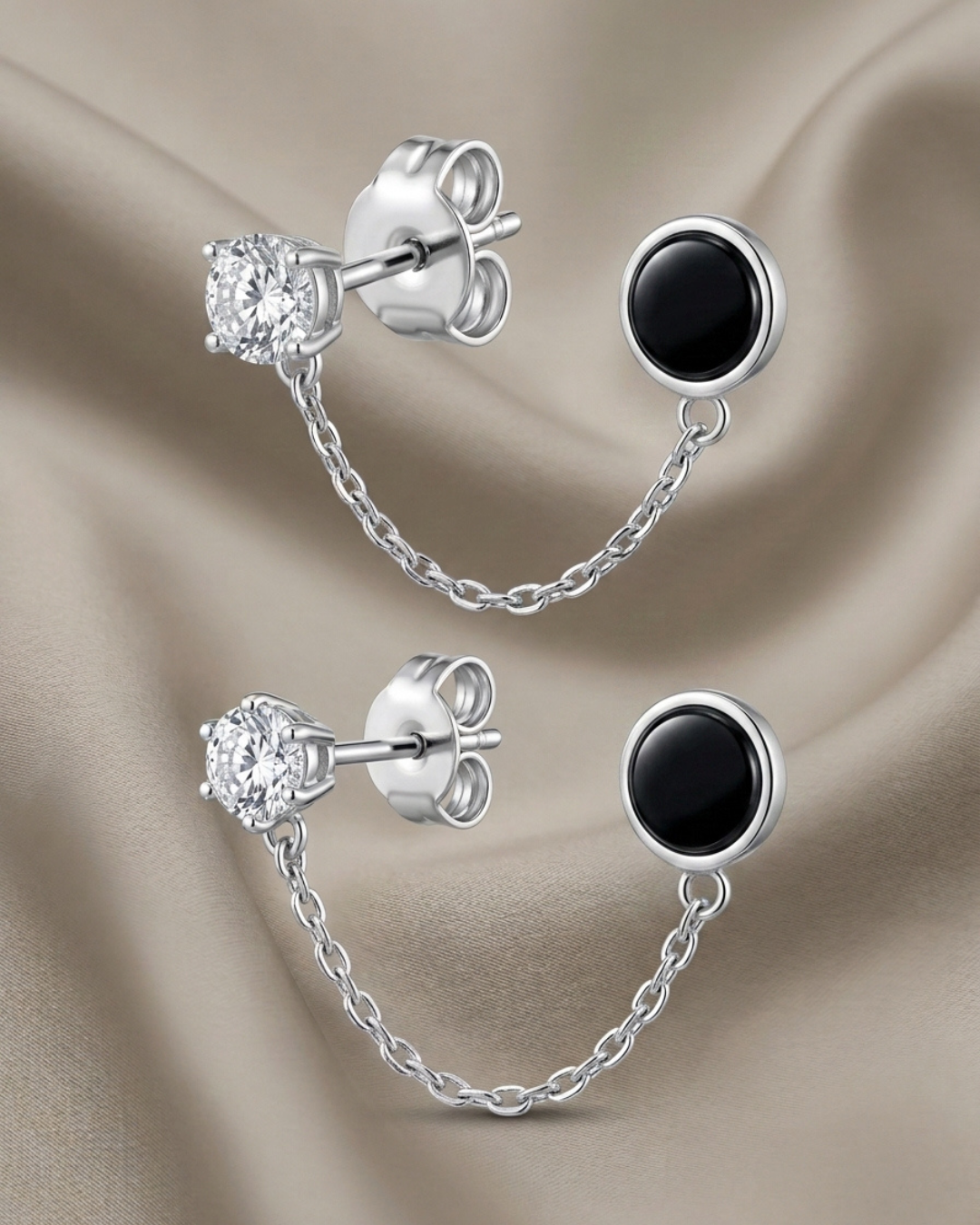 Solitaire Crystal Push and Pull Lock Earrings Sterling Silver