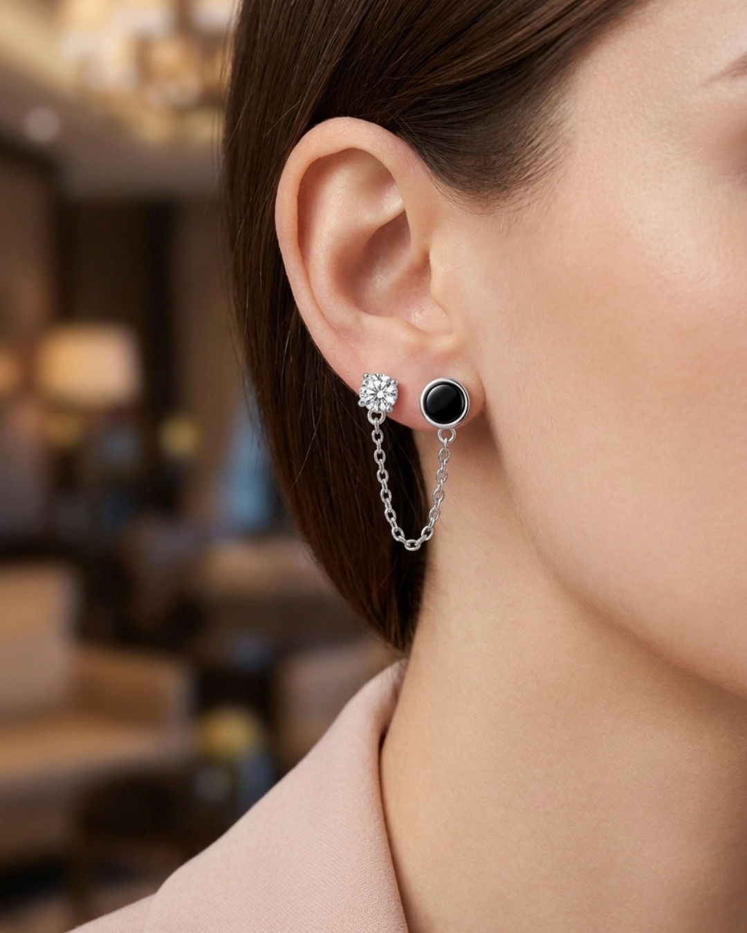 Solitaire Crystal Push and Pull Lock Earrings Sterling Silver