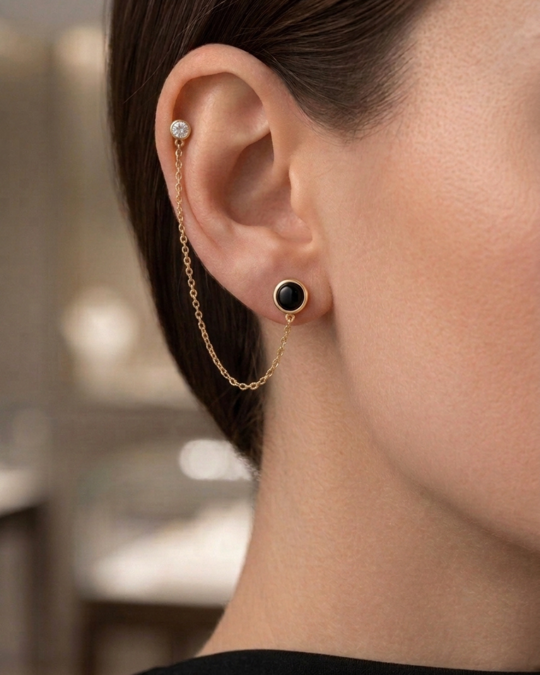 Black Onyx Chain Push and Pull Lock Earrings Gold Plated