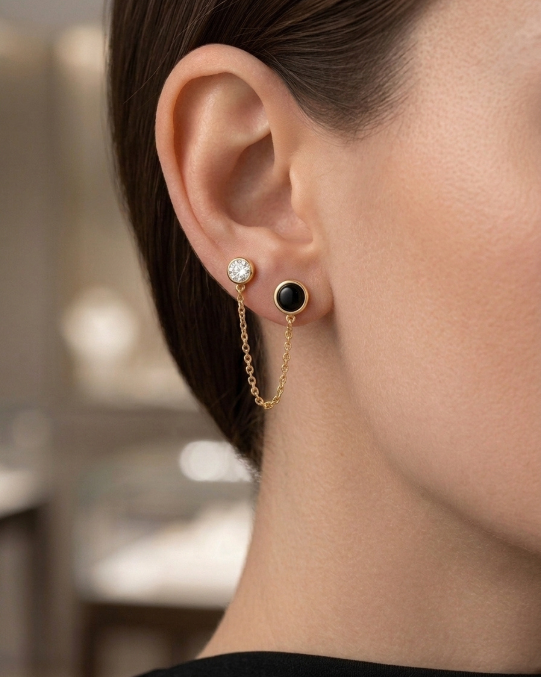 Black Enamel Chain Earrings Gold Plated