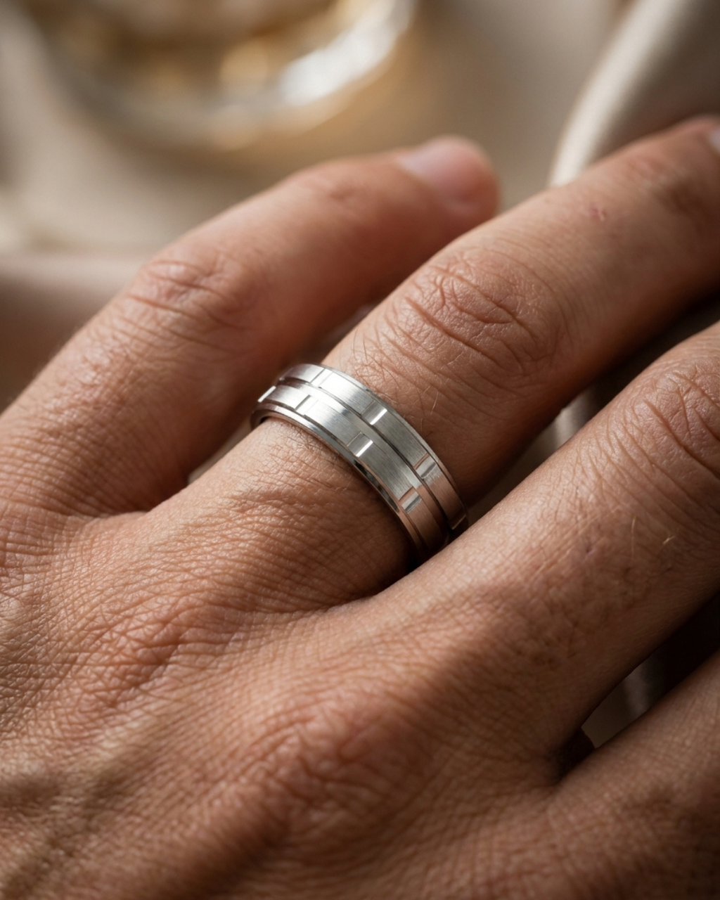 Silver Geometric Brick Pattern Men's Dibla Ring