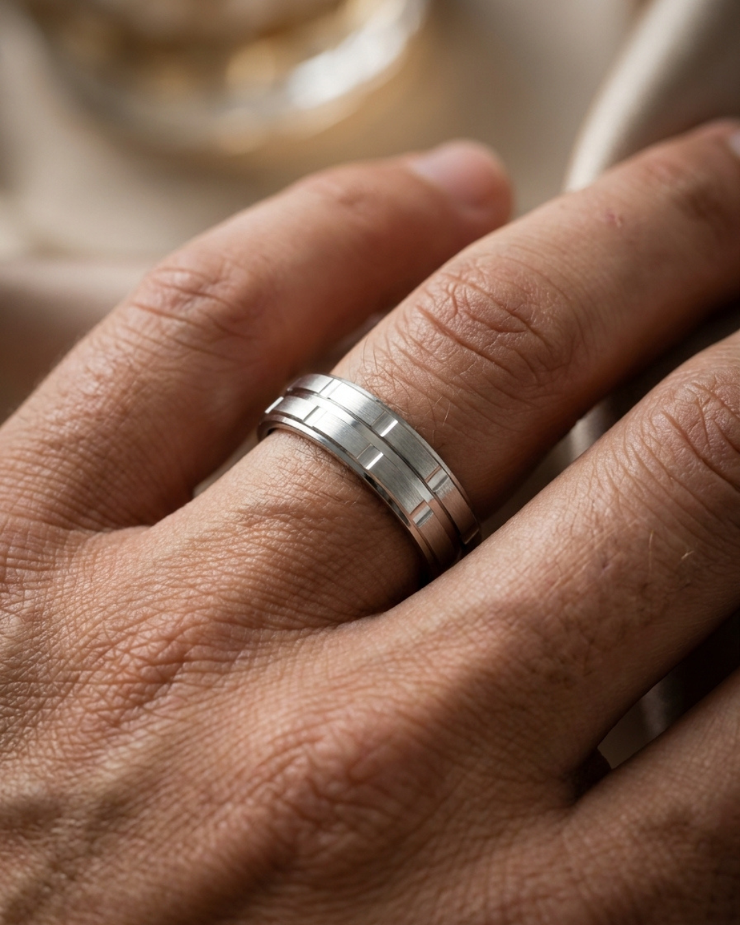Silver Geometric Brick Pattern Men's Dibla Ring