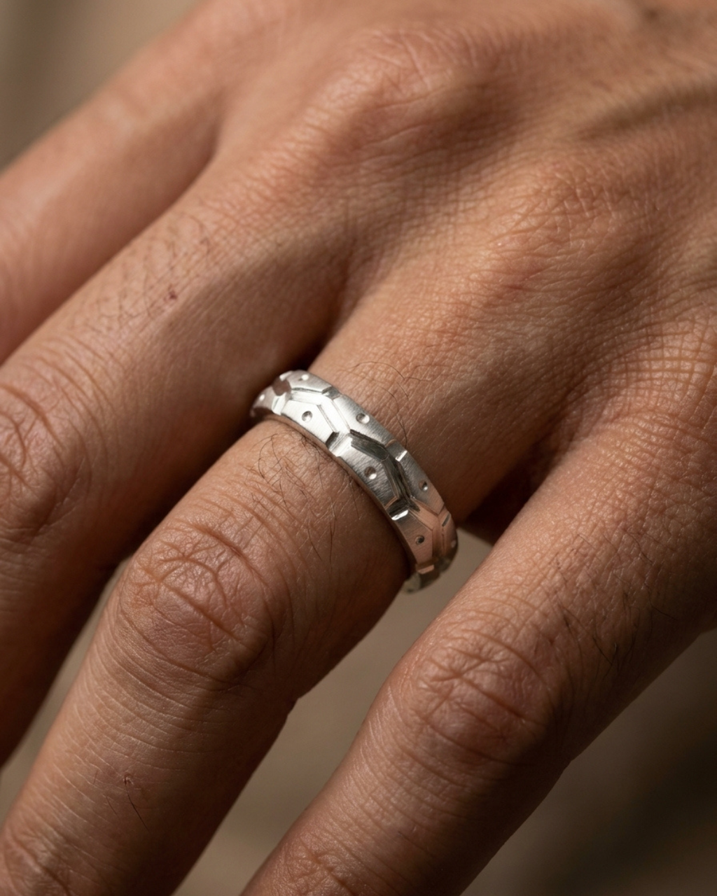 Ares Geometric Textured Silver Dibla Ring