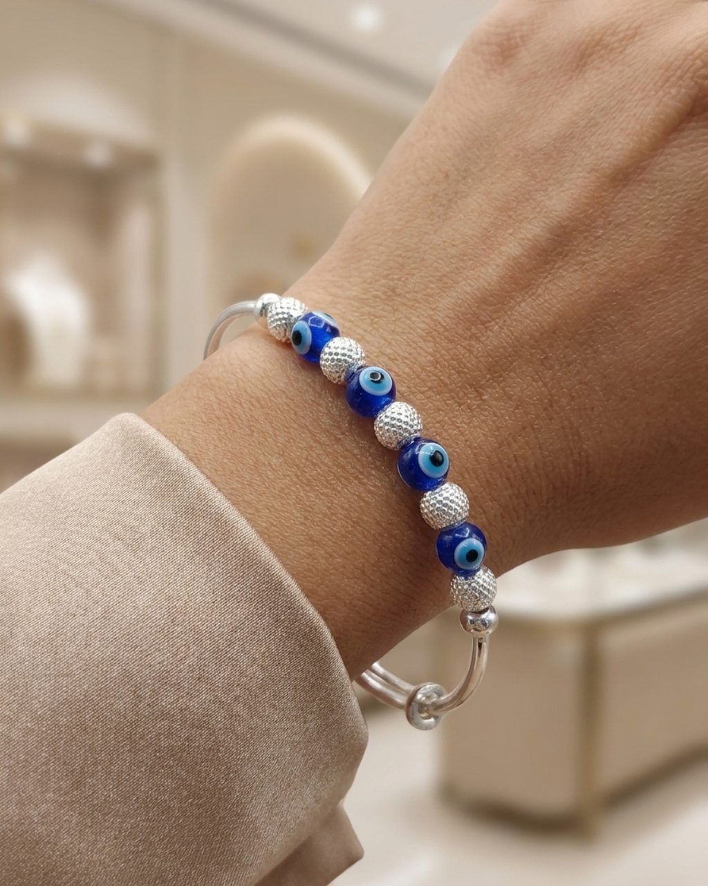 Evil Eye Beaded Bangle Sterling Silver