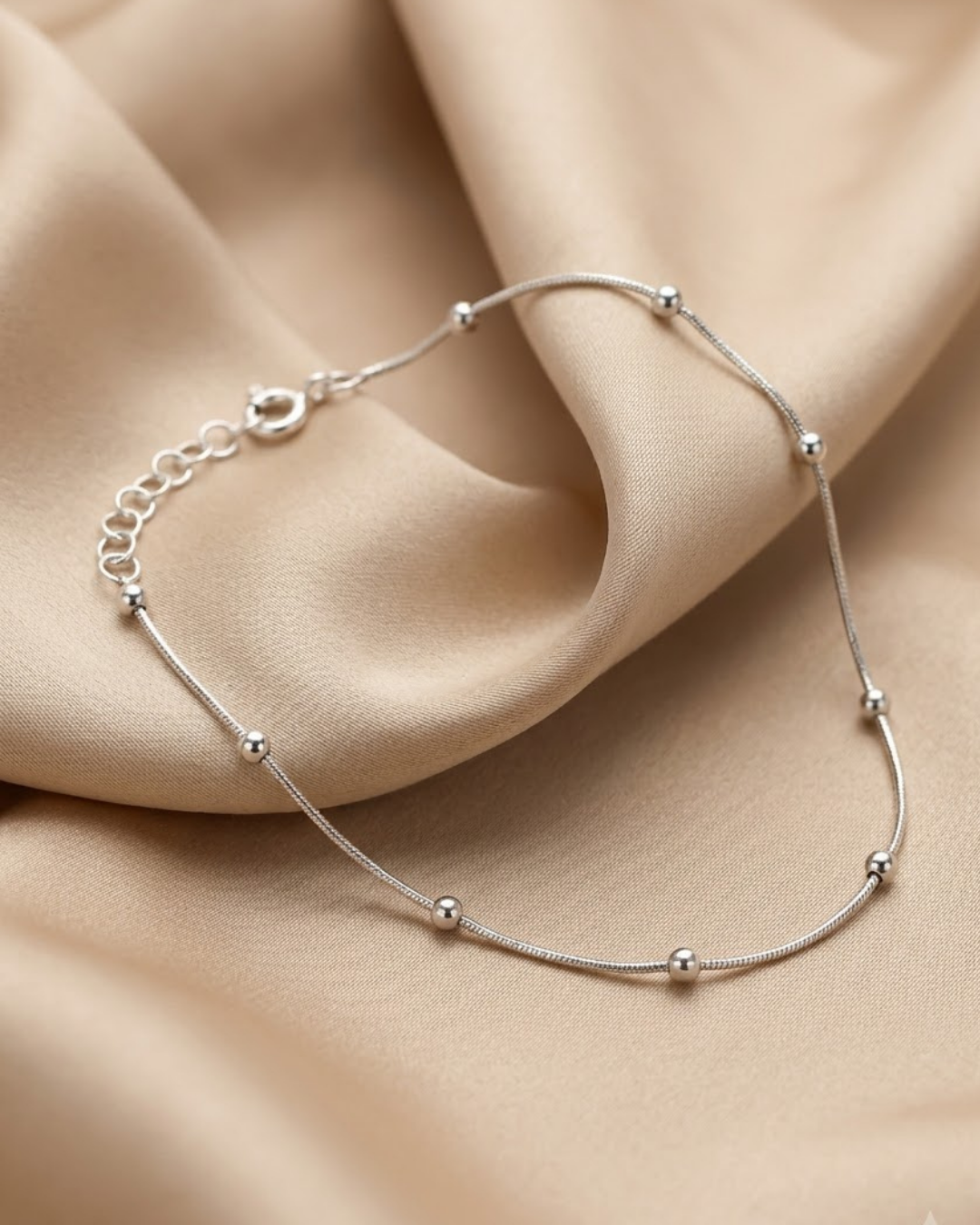 Beaded Round Anklet Sterling Silver