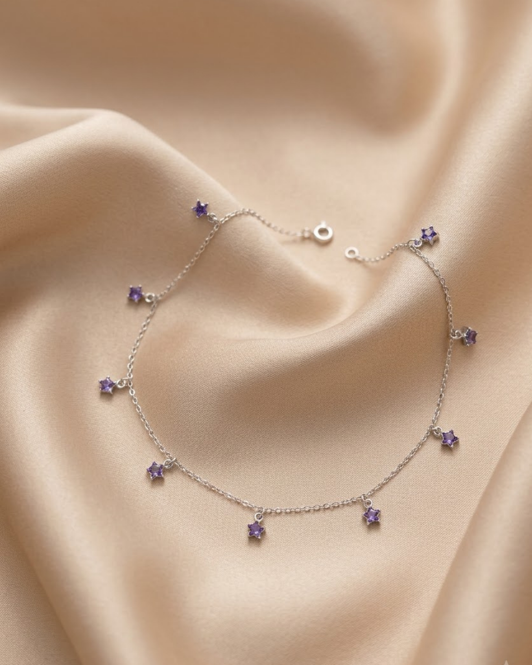 Purple Star Gemstone Drop Anklet Sterling Silver
