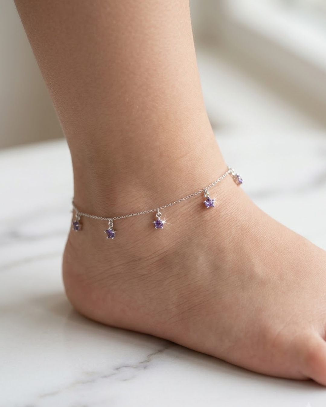 Purple Star Gemstone Drop Anklet Sterling Silver