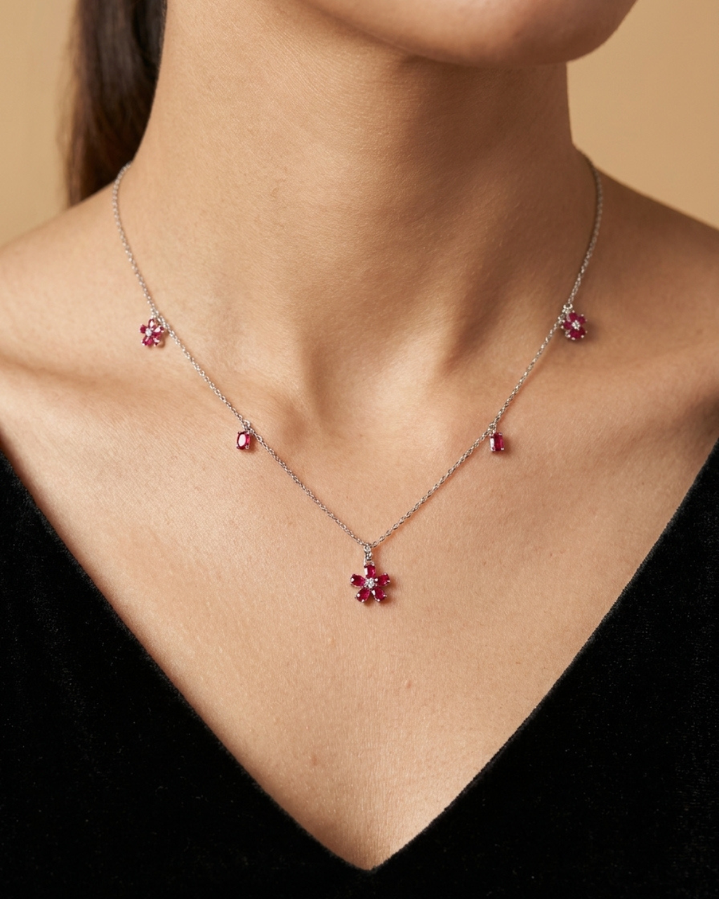 Floral Station Necklace Sterling Silver