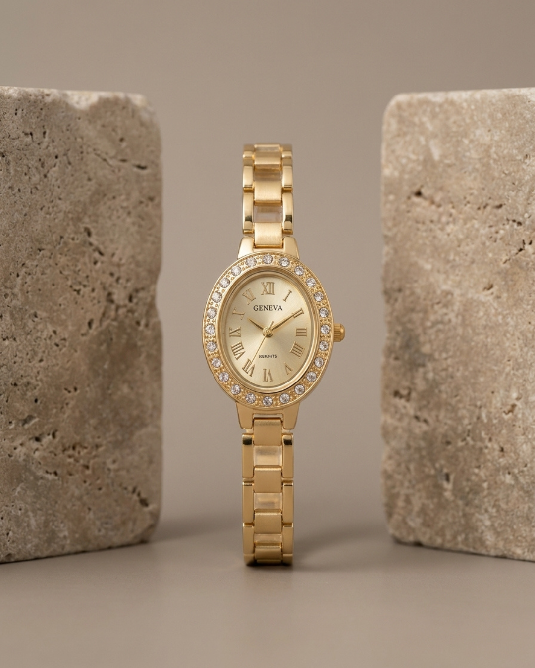 Geneve Luxury Gold Crystal Oval Roman Watch