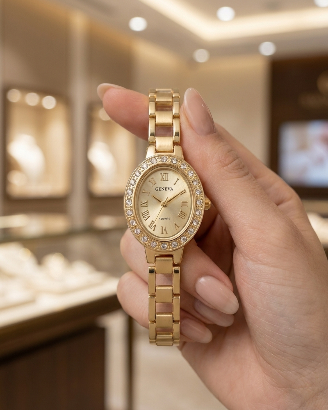 Geneve Luxury Gold Crystal Oval Roman Watch