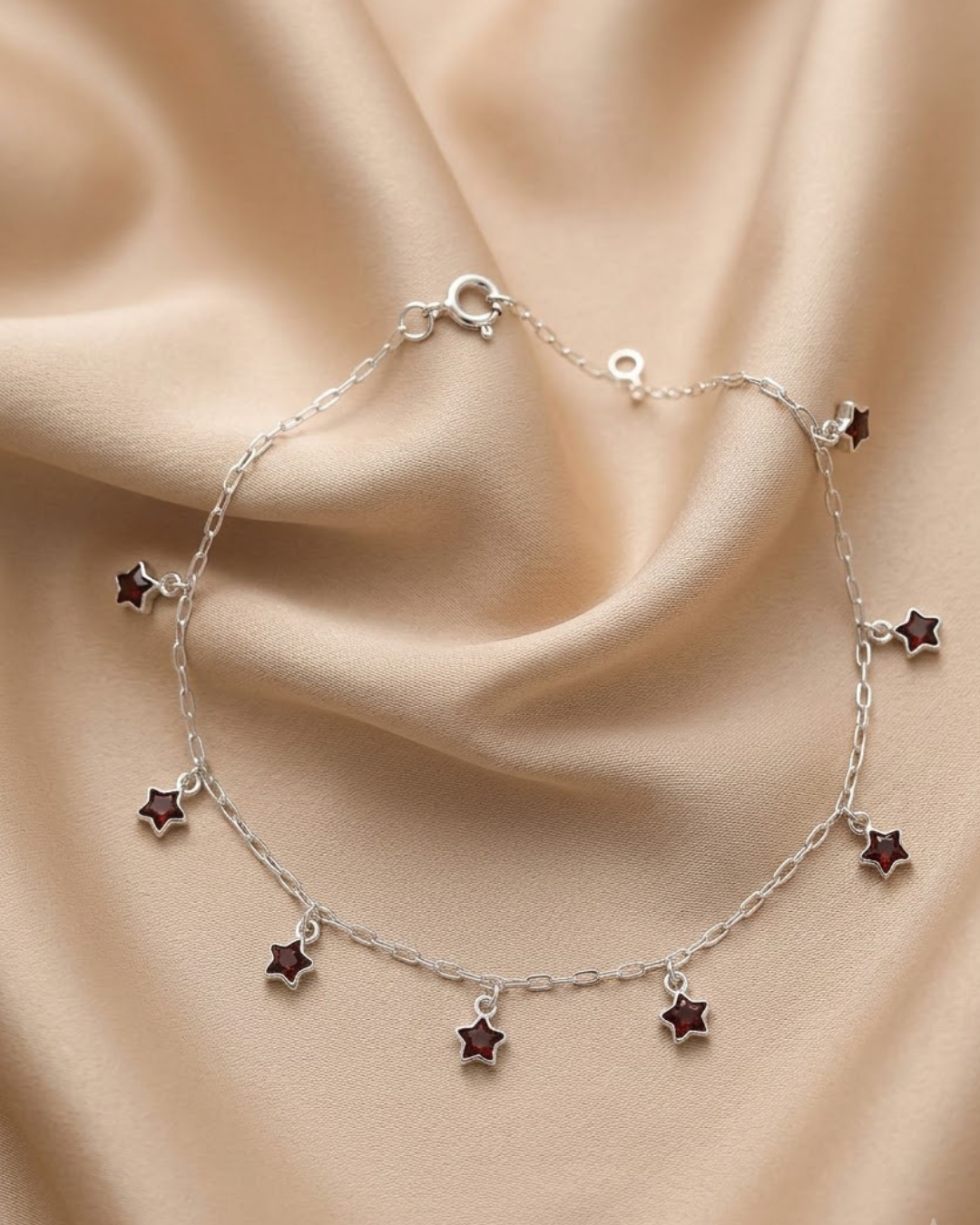 Garnet Red Star Charm Anklet Sterling Silver
