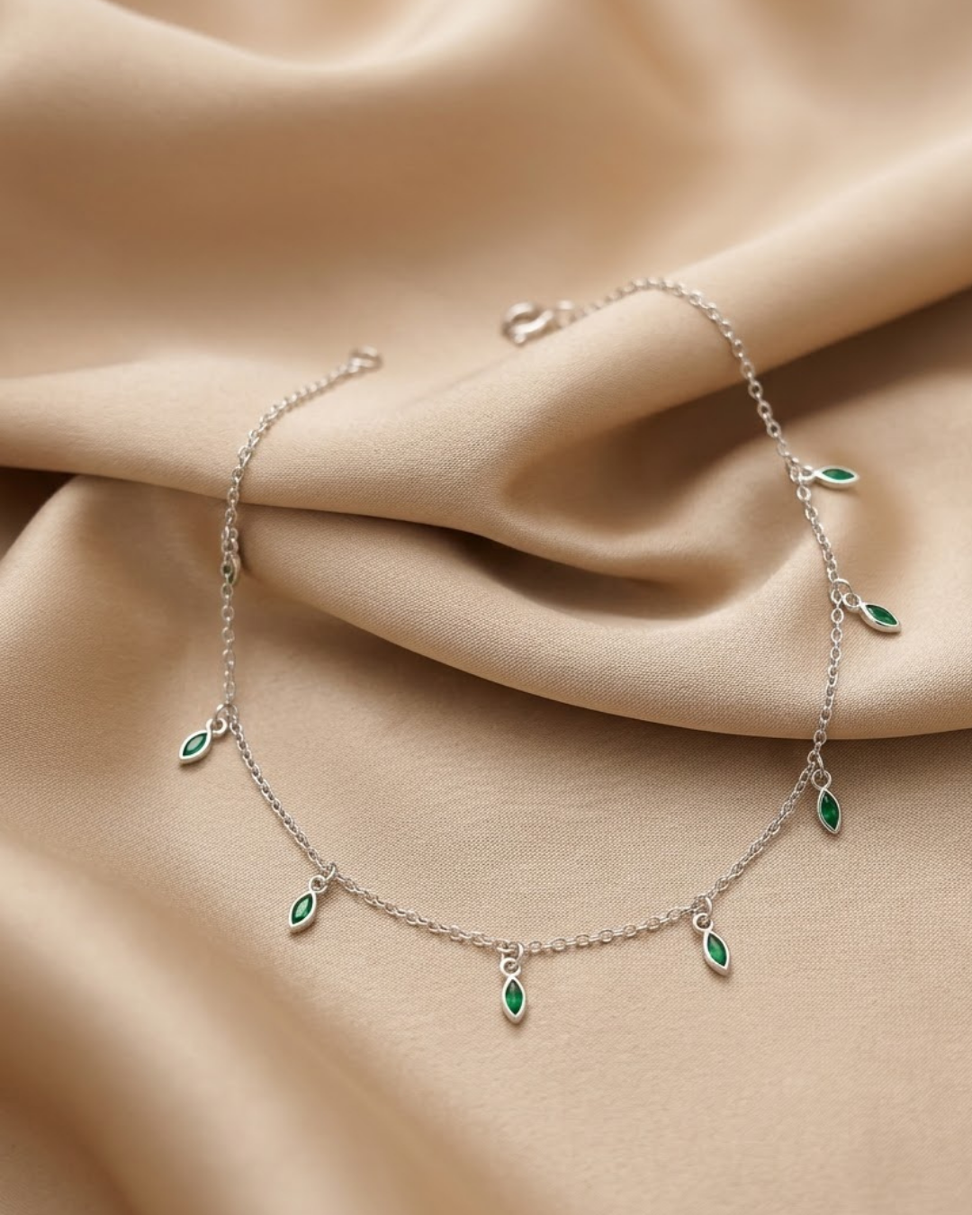 Marquise Gemstone Drop Charm Anklet Sterling Silver