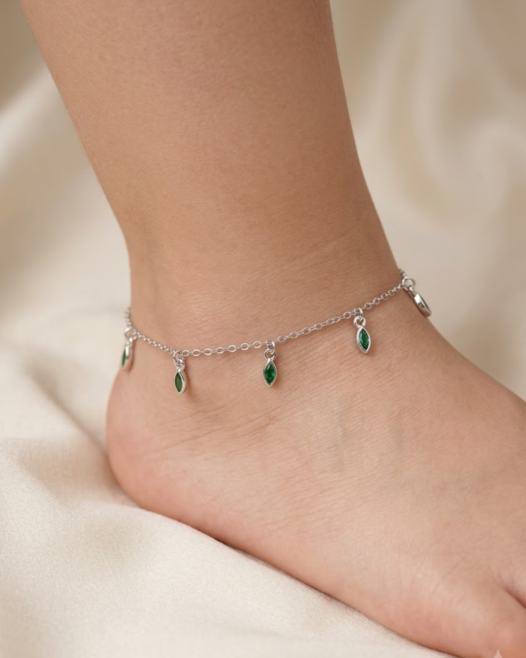 Marquise Gemstone Drop Charm Anklet Sterling Silver