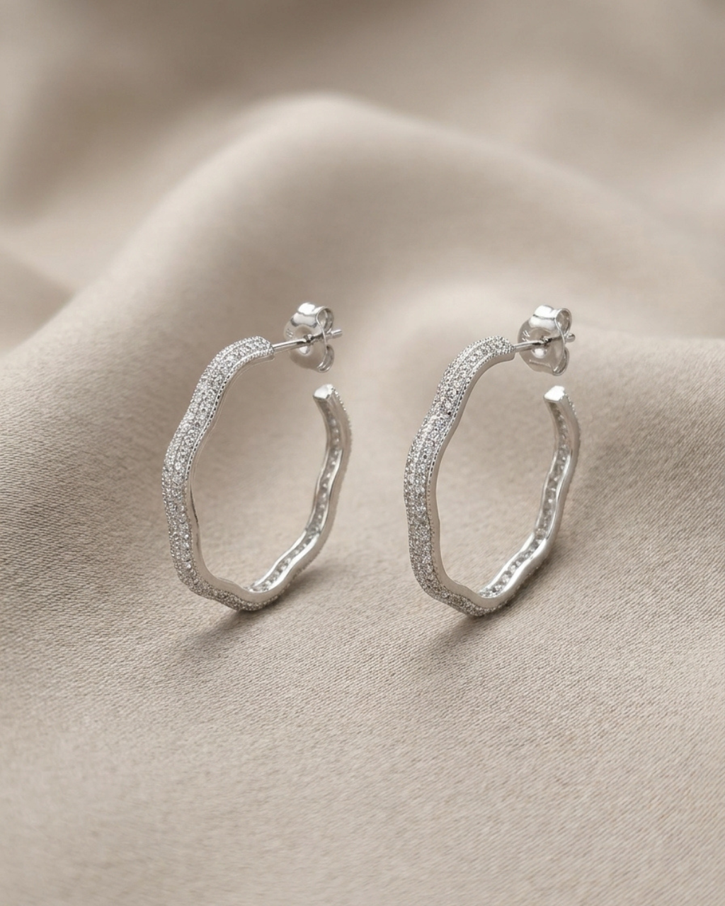 Irregular Pavé Hoop Earrings Sterling Silver