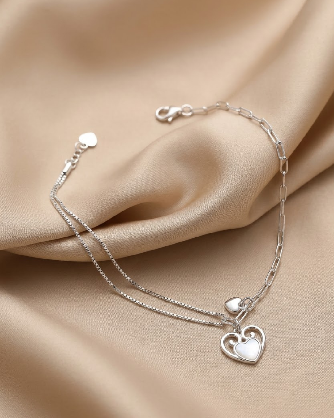 Heart Charm Paperclip Anklet Silver