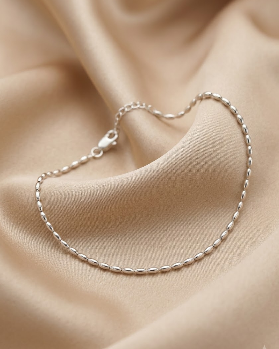 Polished Rice Bead Chain Anklet Sterling Silver