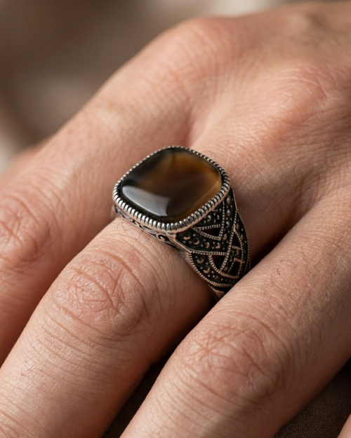 Bronze Lattice Marcasite Signet Ring