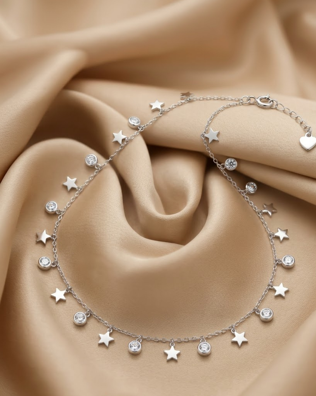 Star Crystal Charm Anklet Silver