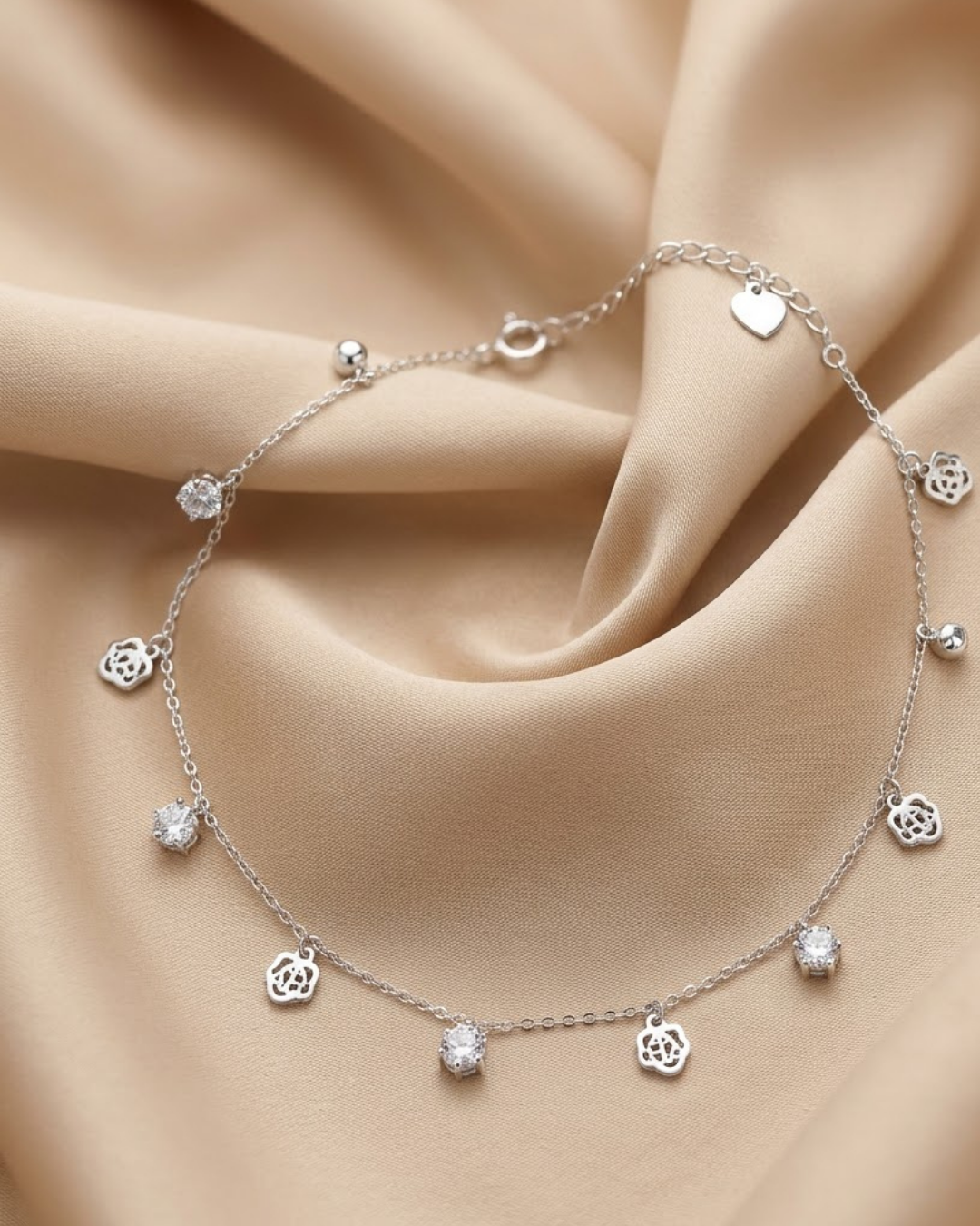 Floral Rosette & Crystal Anklet Sterling Silver