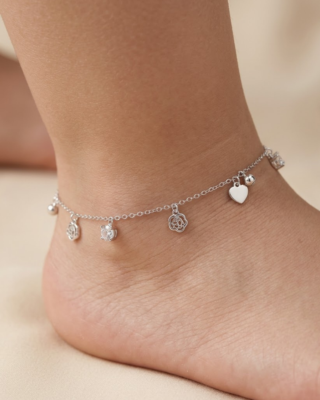Floral Rosette & Crystal Anklet Sterling Silver